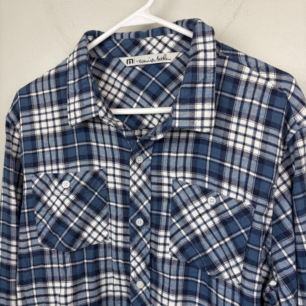 Travis Mathew Shirt Mens XL Blue‎ Plaid Flannel Long Sleeve Button Up Casual